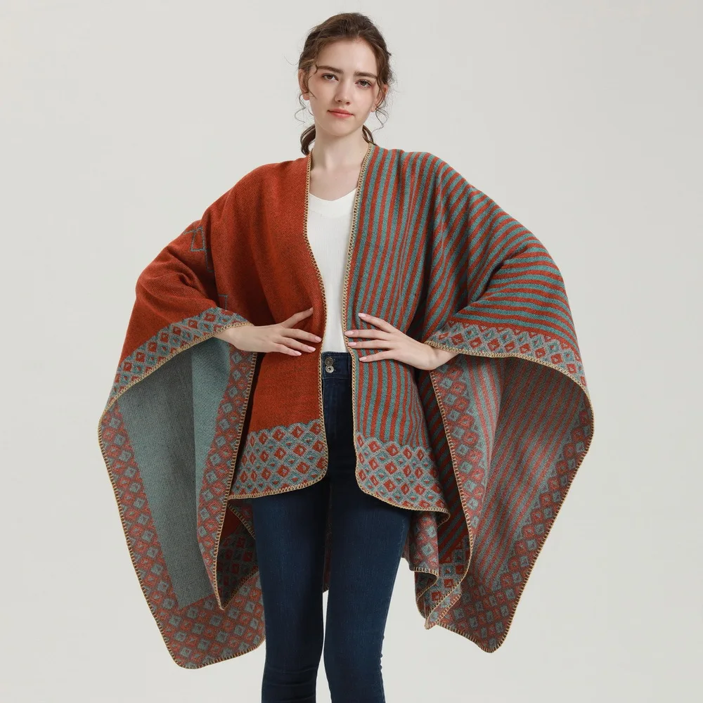 Luxury Rhombus Stripes Pattern Winter Warm Scarf Split Cape Women Poncho Elegant Air Conditioning Shawl Gifts