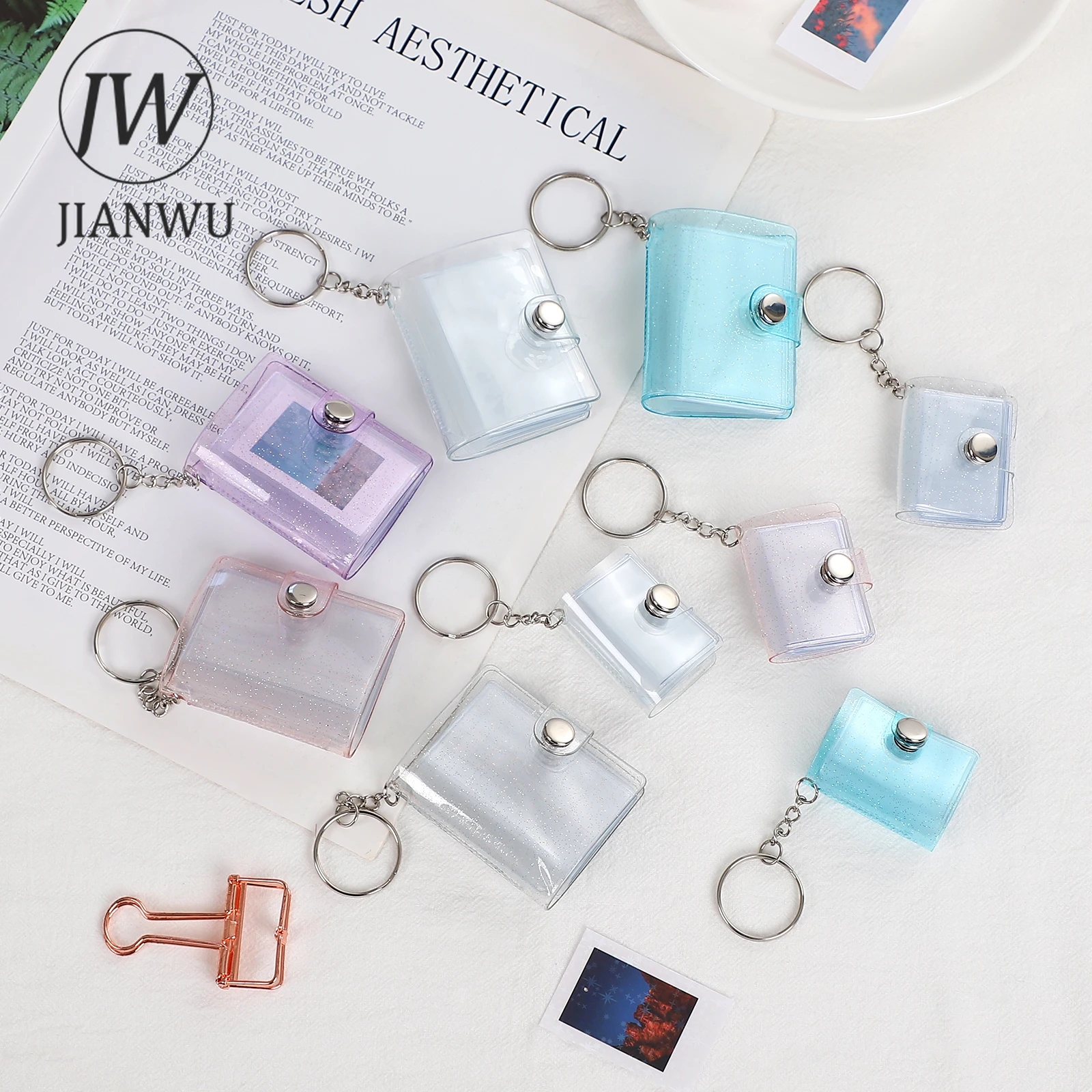 

JIANWU 1/2 Inch 16 Sheets Keychain Mini Photo Album Cute Snap Button Journal Material Note Paper Storage Book Kawaii Stationery