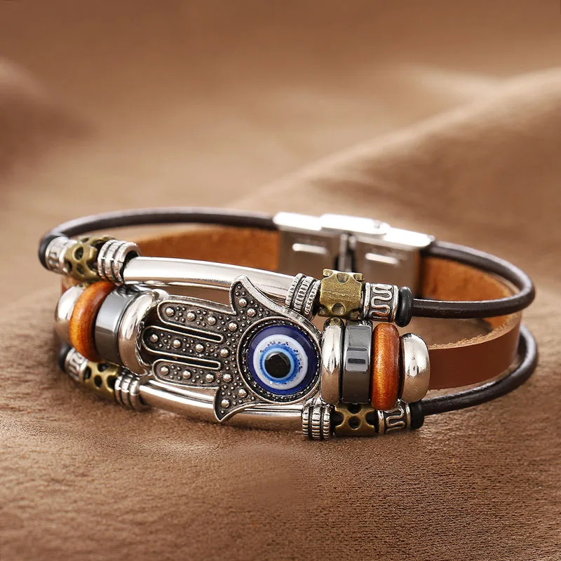 

Evil Eye Fatima Hand Charm Bracelets for Women Men Genuine Leather Bracelet Turkish Blue Eye Wristband Lucky Hand Jewelry Gifts