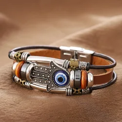 Evil Eye Fatima Hand Charm Bracelets for Women Men Genuine Leather Bracelet Turkish Blue Eye Wristband Lucky Hand Jewelry Gifts
