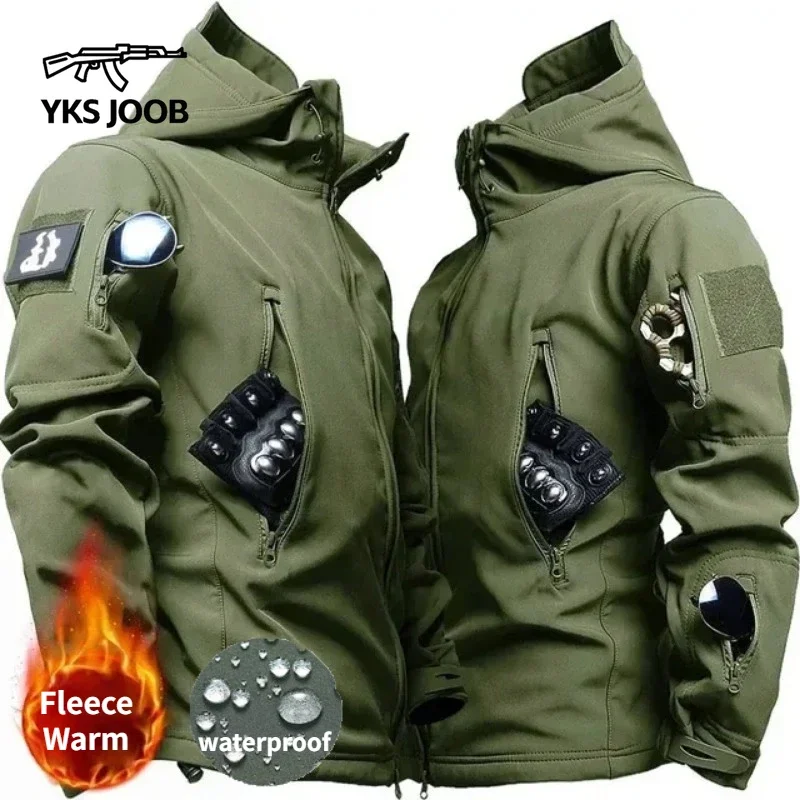 Winter Fleece Waterproof and Warm Men\'s Jackets Shark Skin Military Tactical Hooded Coat Mens Outdoor Multi Pocket Zipper Jacket