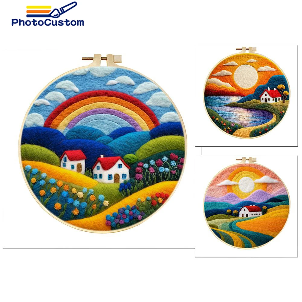 Cadre photo personnalisé 20x20cm avec peinture coucher de soleil maison bricolage feutrage laine Kit de broderie peinture aiguille laine artisanat pour débutant