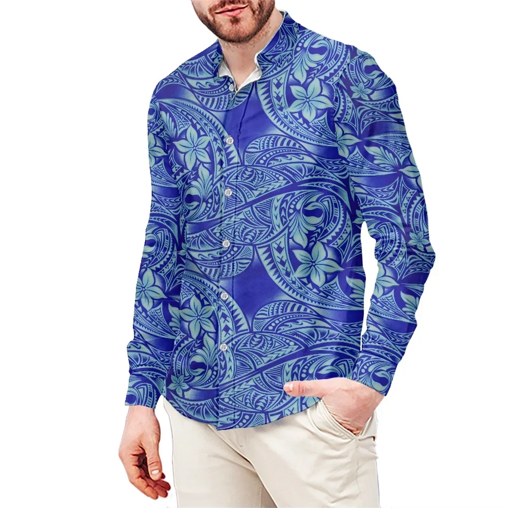 

Polynesian Tribal Clothing Samoa Blue Flower Printed Fashion Casual Streetwear Button Up Men Long Sleeves 6XL Men's Shirt