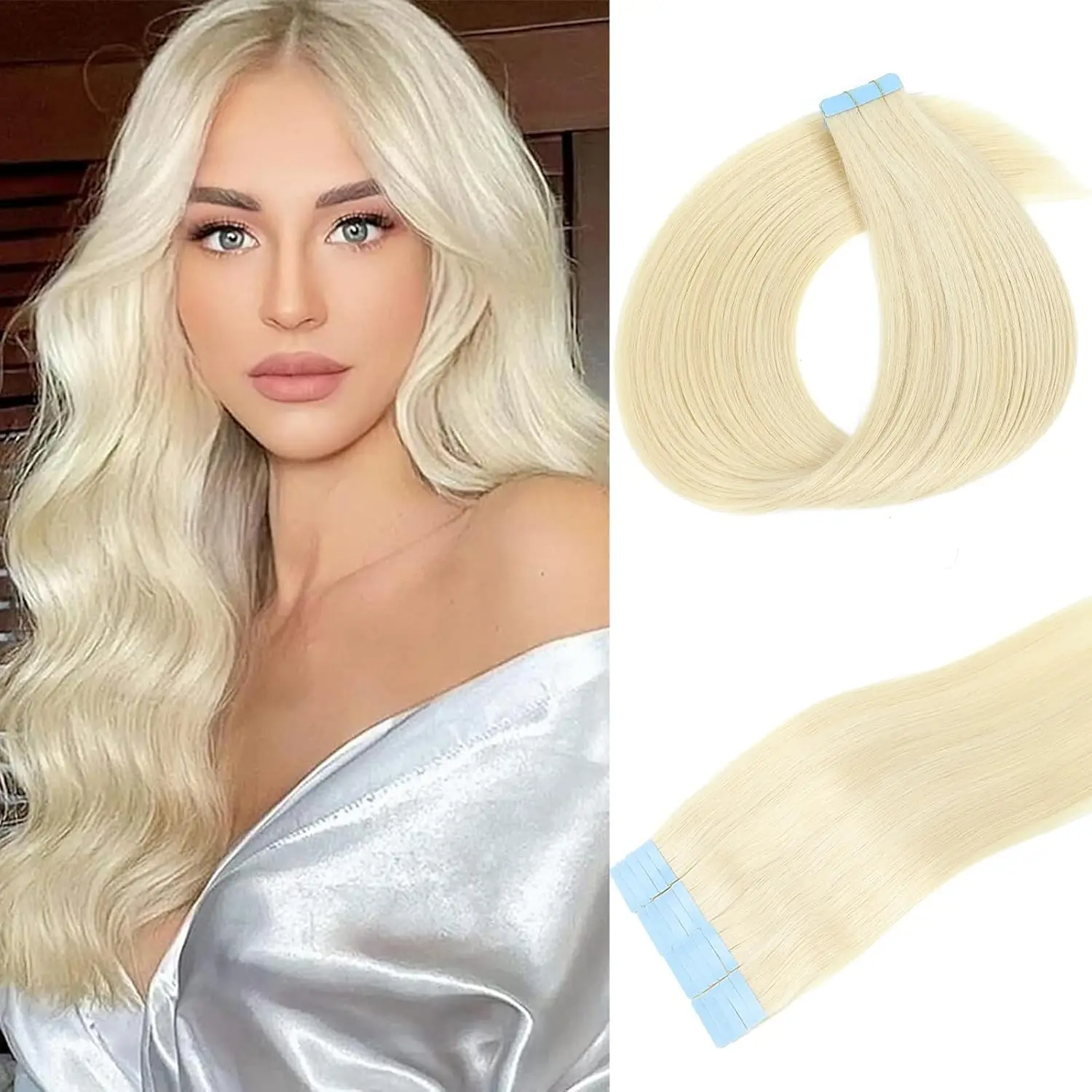 Fita em extensões de cabelo, cabelo humano reto, trama de pele sem costura, 60 Platinum Blonde, 22 ", 50g, 20Pcs