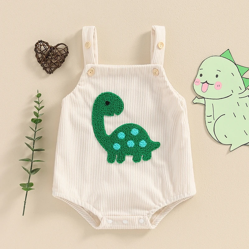 Baby Girls Boys Summer Romper Sleeveless Dinosaur/Shark Embroidery Button Casual Romper