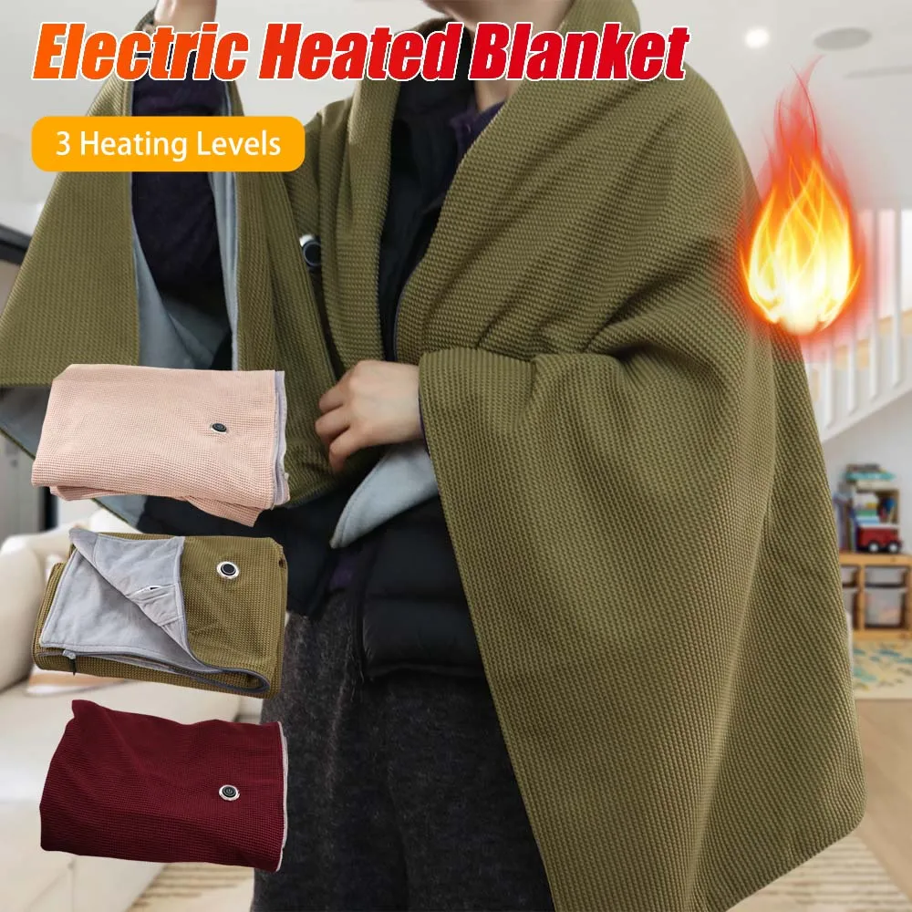 

Wearable Electric Heated Blanket 3 Heating Levels Adjustment Body Warmer Wrap Zipper Closure Washable Heating Large Shawl Sofa
