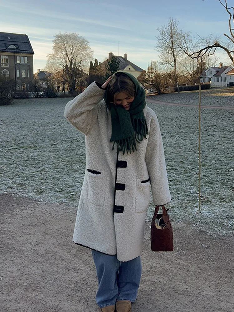 

Soft Shell Jacket Coat Independent Station Turn-down Collar Long Sleeve Pocket Decorated Casual Women's Woolen Coat