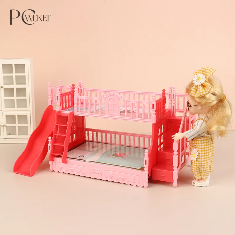 Dollhouse Mini Princess Bunk Bed With Slide Dollhouse Simulation Furniture Accessories Dolls House Bedroom Decoration