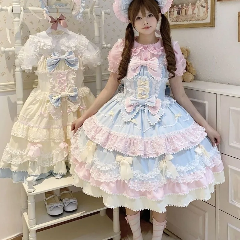 Y2K Sweet Lolita Jks Trägerkleid für Damen, einfarbig, Rüschen, Spitze, Schleife, Patchwork, Kawaii, Prinzessin, Ballkleid, knielang, elegant, für Partys – Detail 2