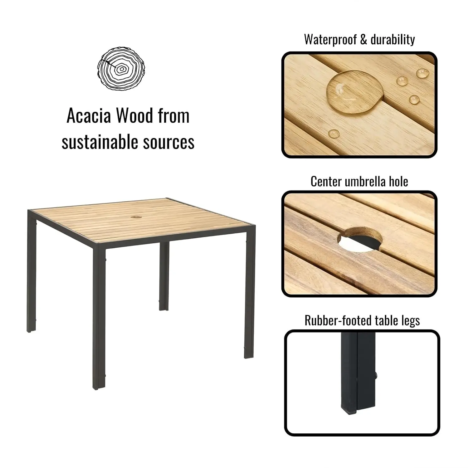 5 Piece Rattan Patio Set with Acacia Wood Table & Umbrella Hole 4 Padded Armrest Chairs for Outdoor Garden Balcony, Customized