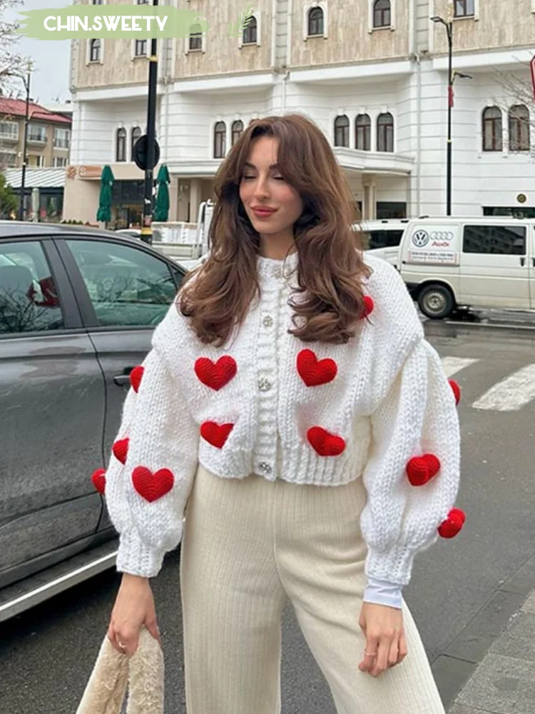 

Women 3d Love Contrasting Colors Crop Knitted Cardigan Fashion Puff Long Sleeves Single Breasted Sweater Autumn Lady Outerwears