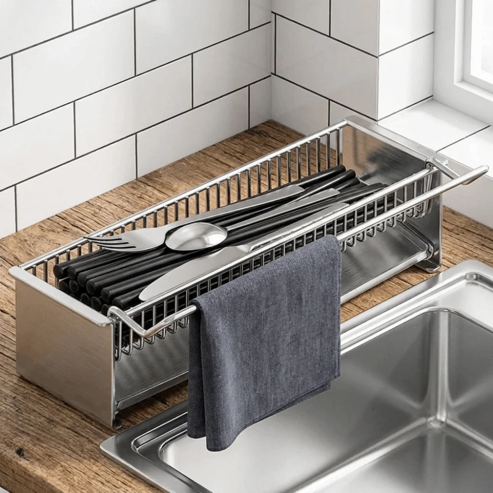 Stainless Steel Chopsticks Storage Rack Large Capacity Automatic Draining Spoon Storage Box Space Saving Tableware Storage Rack