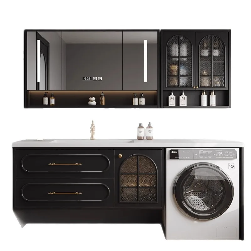 

French medieval style bathroom cabinet, washing machine integrated cabinet combined bathroom, rock slab integrated washbasin