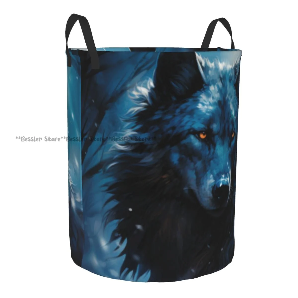 Laundry Basket Wolf In The Forest With Snowflakes Round Storage Bin Collapsible Hamper Clothes Bucket Organizer