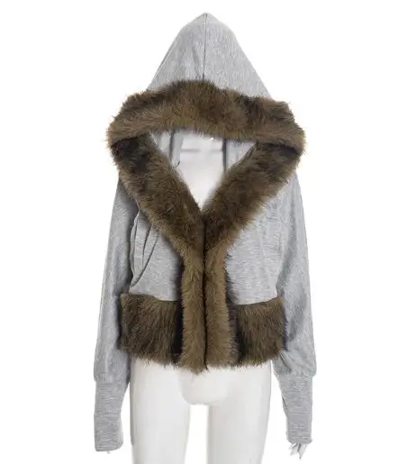 Outono e inverno cor sólida gola de pele retalhos com capuz jaqueta curta para personalidade casual feminina jaqueta de manga curta