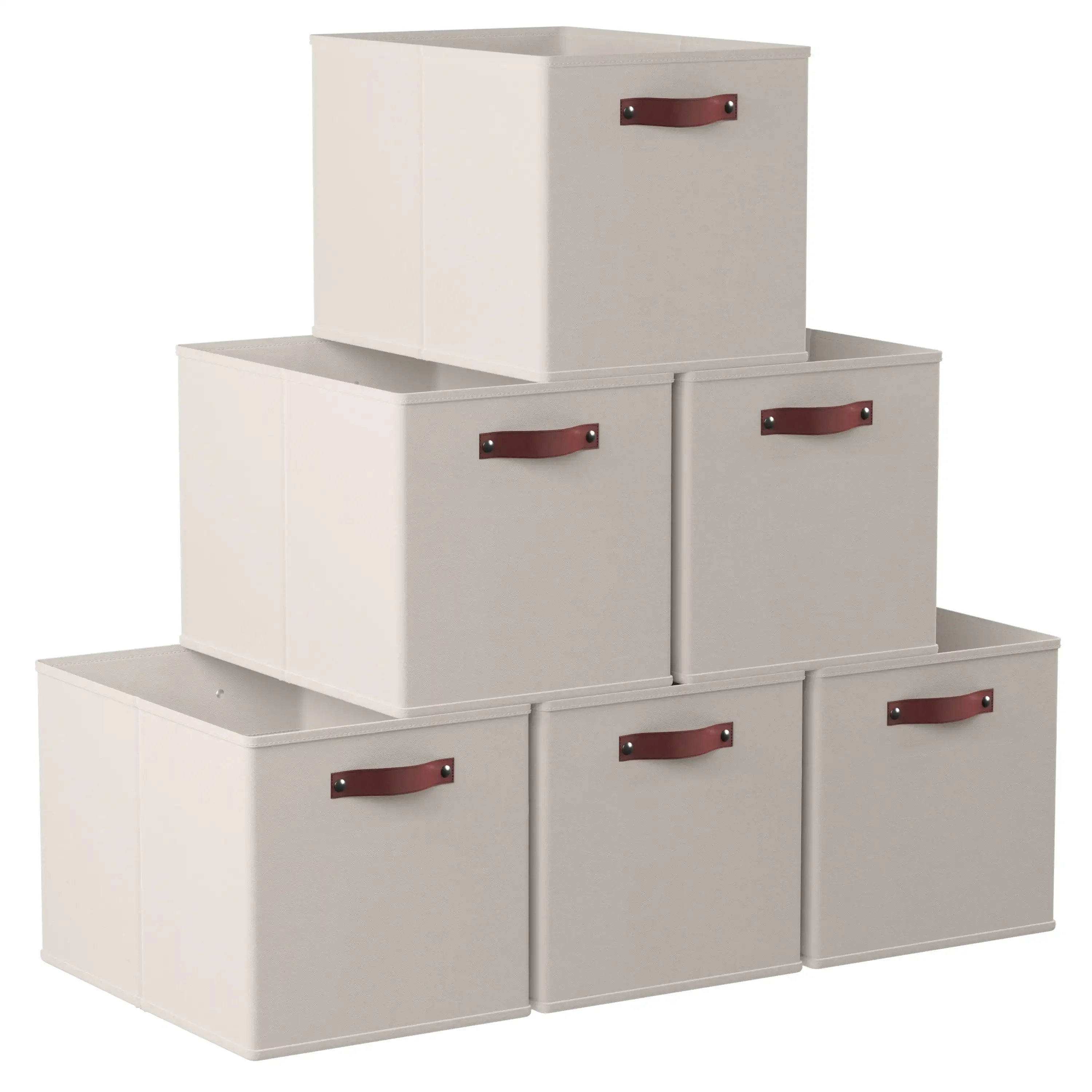 

Home Foldable Collapsible Storage Box Bins Linen Fabric Shelf Basket Cube Organizer with Leather Handles - Set
