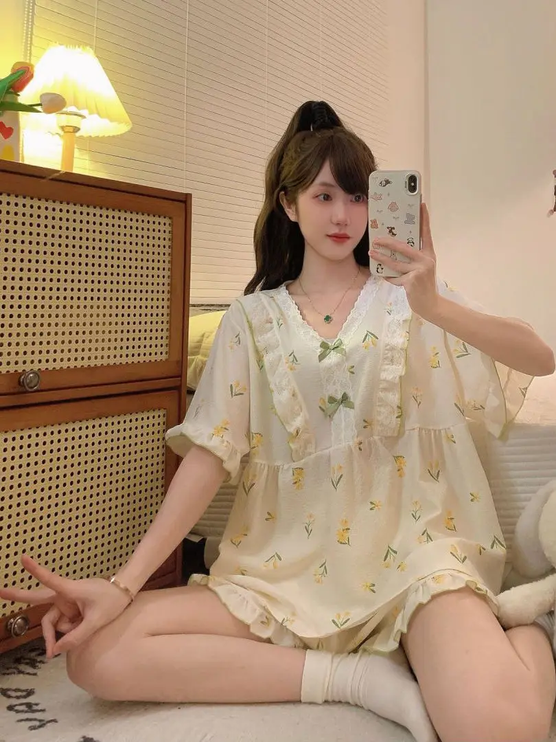 

Женская тонкая летняя одежда больших размеров Fat MM Sweet Princ Sle, домашняя одежда, которую можно носить на улице, комплект 250 Pou