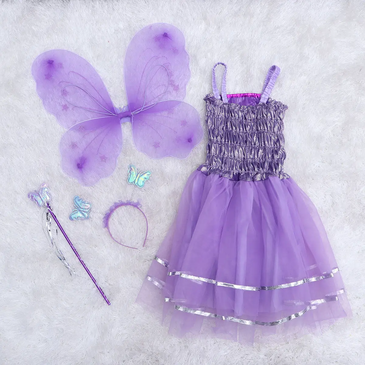 

4Pcs Butterfly Wings Dress Set for Kids Beautiful Flower Fairy Costume with Headband Hand Stick Performance Sling
