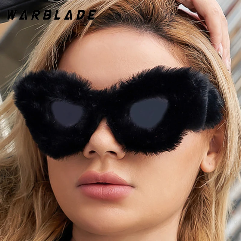 

Plush Fuzzy Sunglasses Ladies Punk Fashion Sun Protection Cat Eye Sunglasses For Winter Carnival Concert Festival Travel UV400