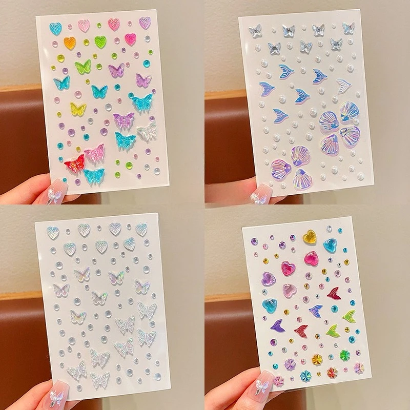 3D Face Gems for Kids Sparkling Seashell Mermaid Butterfly Stickers Self Adhesive Safe Hypoallergenic Party Makeup Accessories
