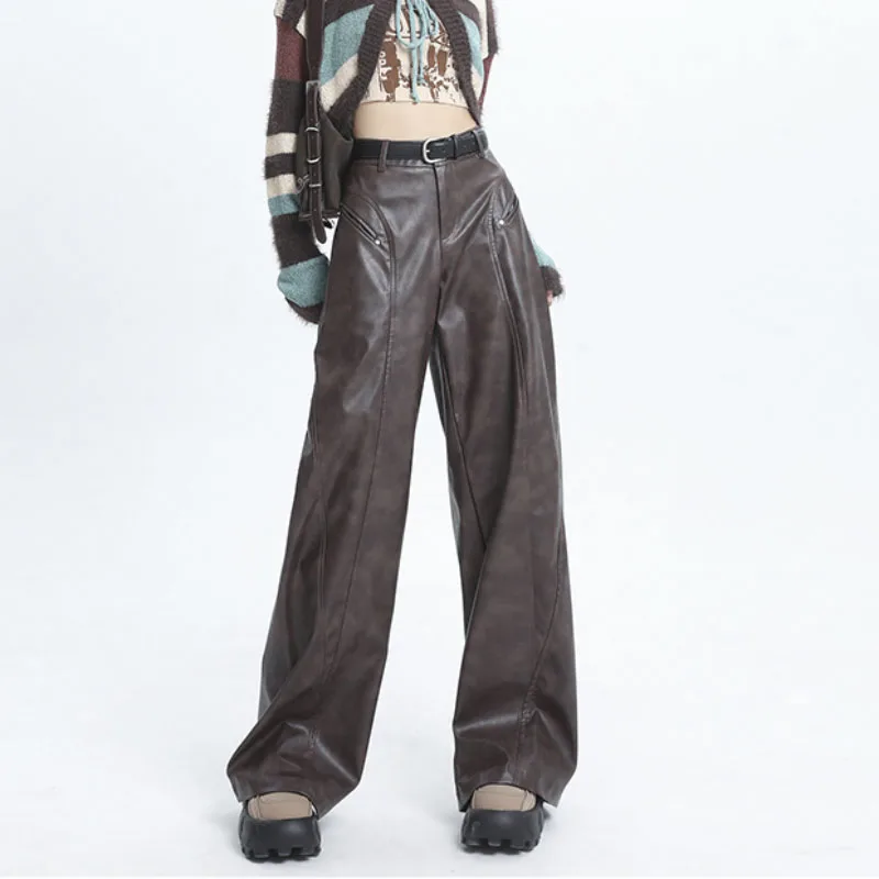 

High-waisted Fashion Wide-leg Pants y2k Vintage Comfortable Wide-legged Autumn Leather Pants Basic High Quality Trousers