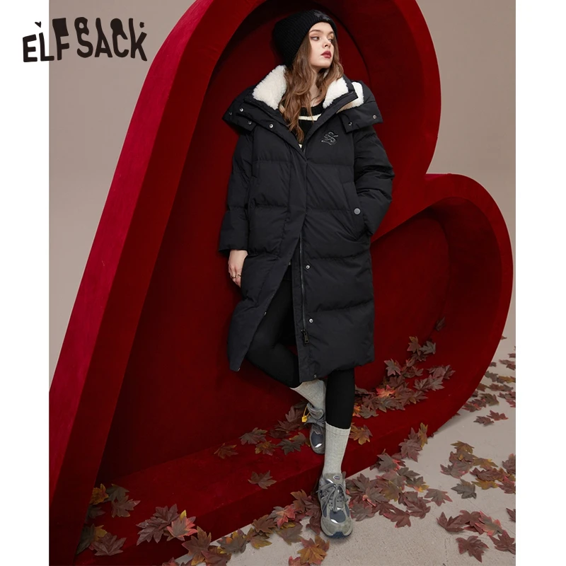 ELFSACK Black Warm Down Coats Women 2022 Winter Windproof Long Outwears