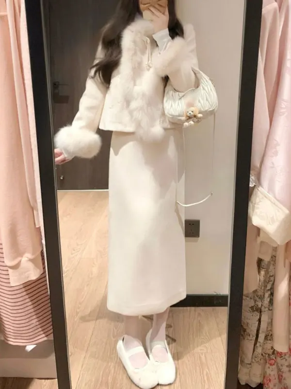 

Spring Set 2026 New Women's Gentle Style High-End Feeling Woolen Coat Half-length Skirt Elegant Two-piece Set Comfortable Fas...
