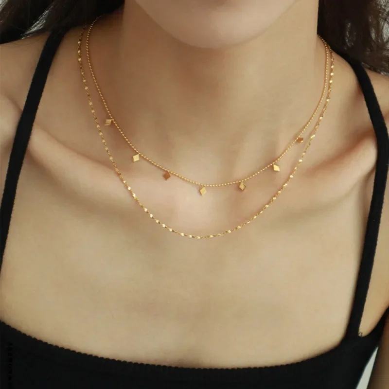 

Gold Color Rhombus Sequins Layered Choker Necklace Titanium Steel Summer Waterproof Fashion Women's Jewelry Gift
