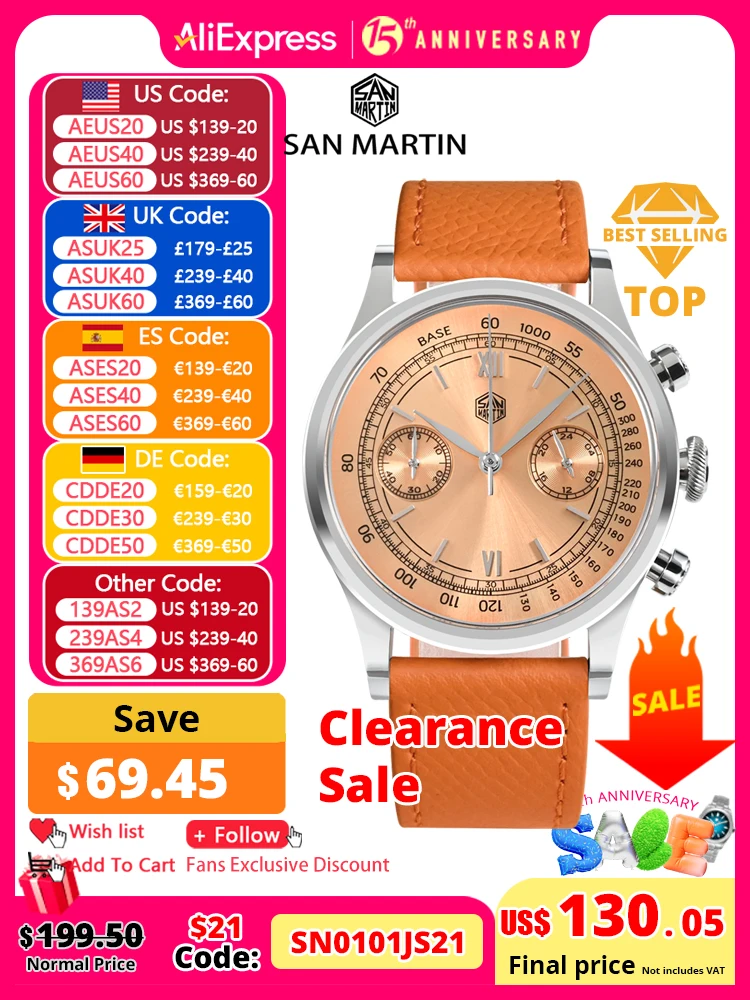 San Martin Men Quartz Watch VK64 Chronograph 38mm Fashion Casual Wristwatch Sapphire Glass Quick Release Leather Strap SN0101