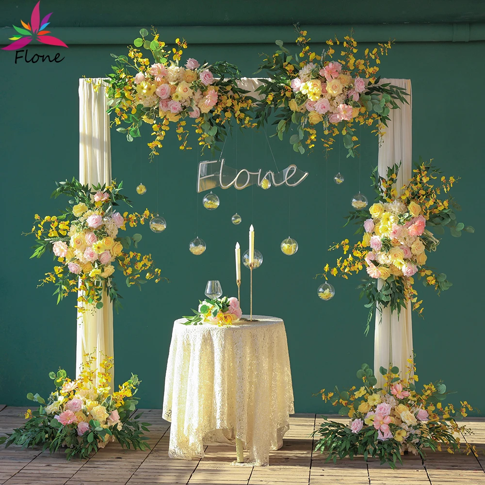 

Crafted Fleur Artificielle Wedding Backdrop Decoration High Quality Custom Pink Rose Green Leaves Floral Arrangement HY2351