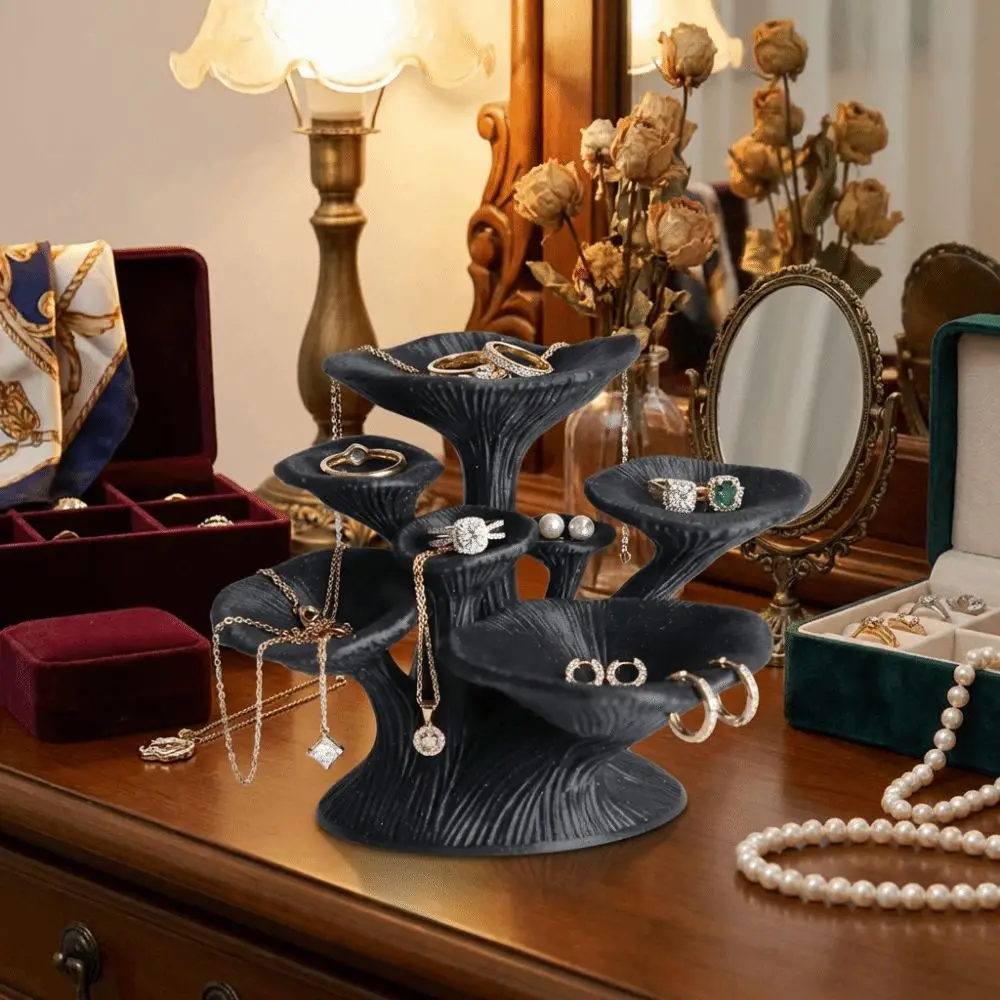 3D Printed Mushroom Jewelry Stand Multi-Layer Black Glossy Ring Display Stand Storage Shelves Plastic Jewelry Storage Tower