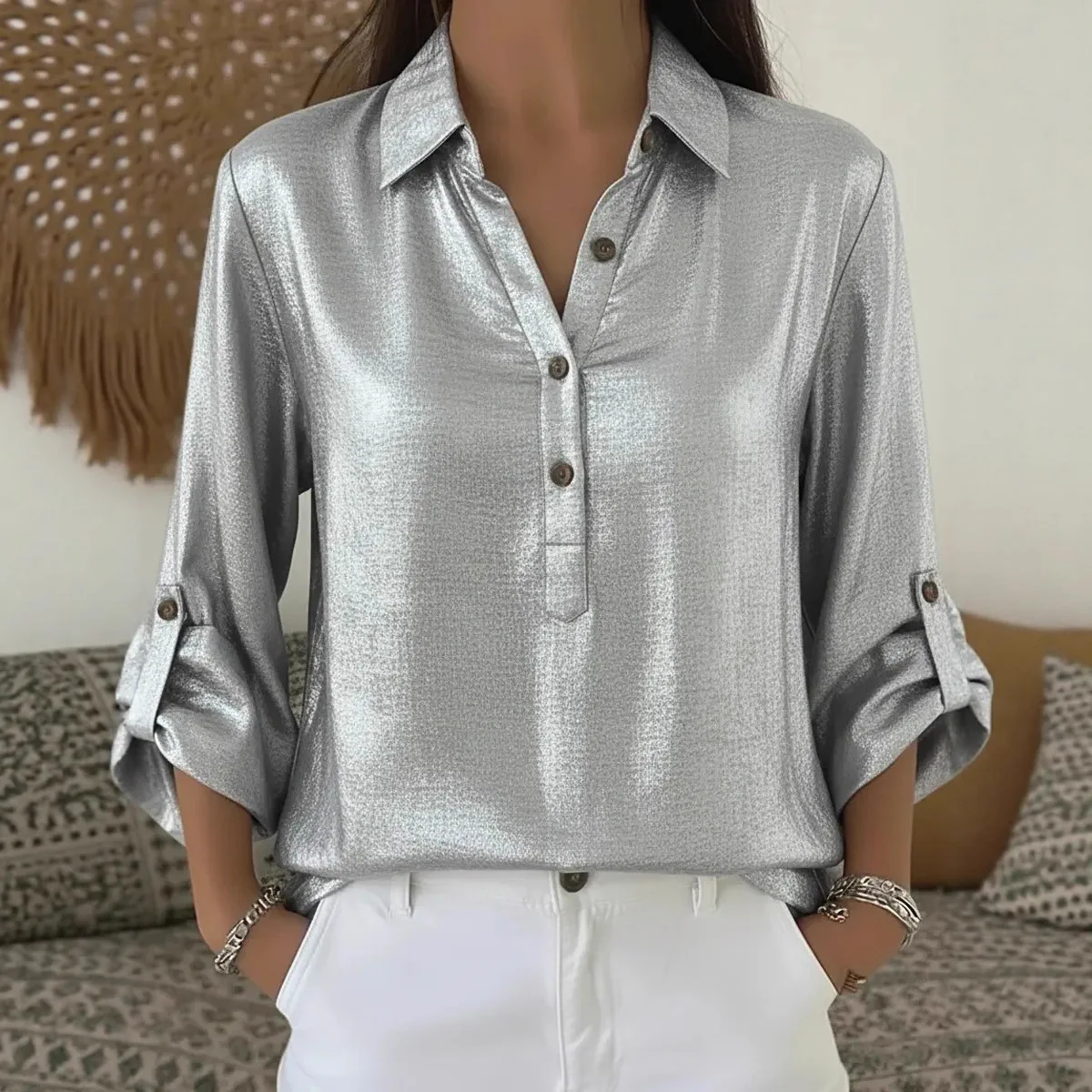 

2026 Cross-Border European And American Amazon Foreign Trade Hot-Selling New Style Turn-Down Collar Solid Color Long Sleeve