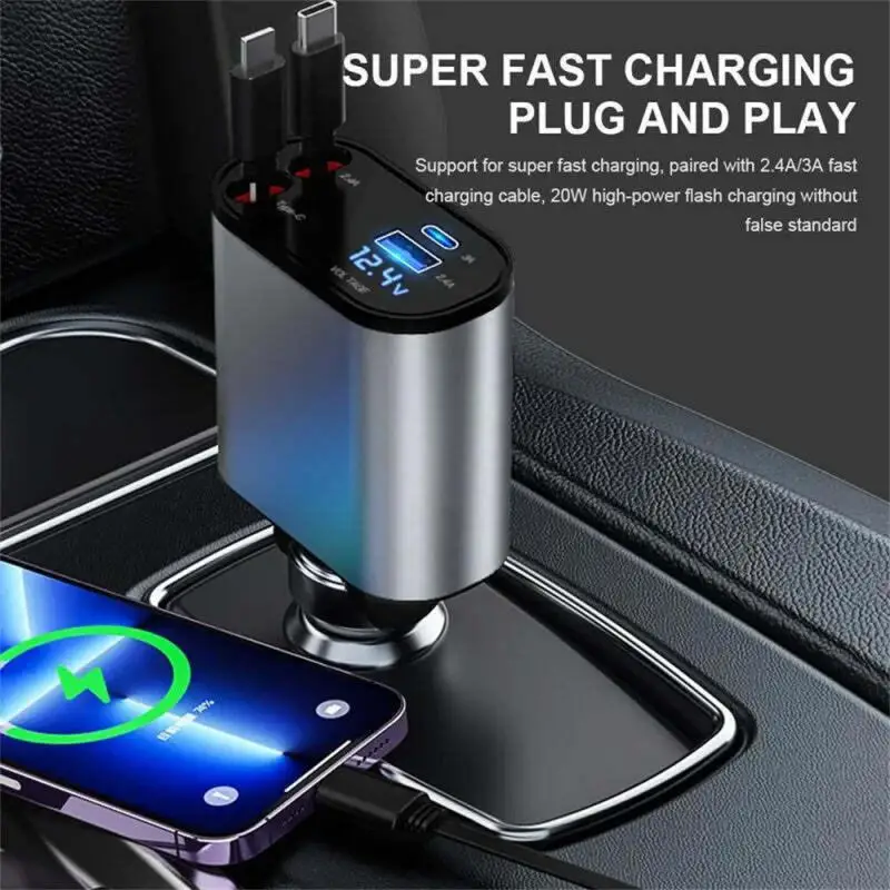 4 IN 1 120W Retractable Car Charger USB Type C Cable For IPhone Huawei Samsung Fast Charge Cord Cigarette Lighter Adapter