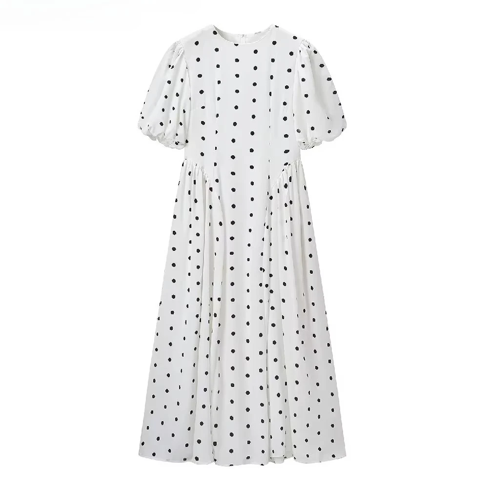 Chic Autumn Women White With Black Polka Dot Short Puff Sleeve Long Dress Ruched Low Waist A-lined Swing Dresses Femme Robe