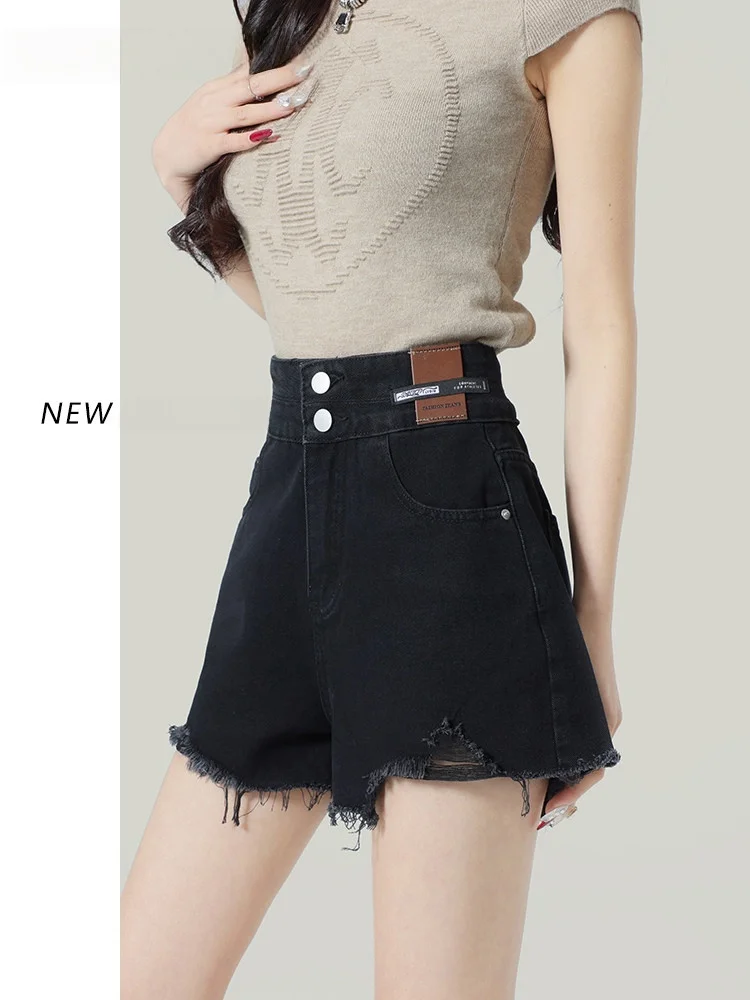 

High Waist A-Line Denim Shorts Women's Summer 2026 New plus Size Slimming Hot Pants Torn Casual High Waist Shorts Black Frayed