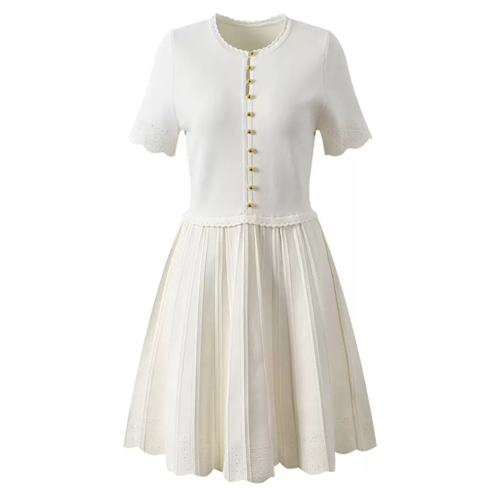

New High Pressure Print Short Sleeve Gold Single Button Fake Two Piece Pleated Dress Women