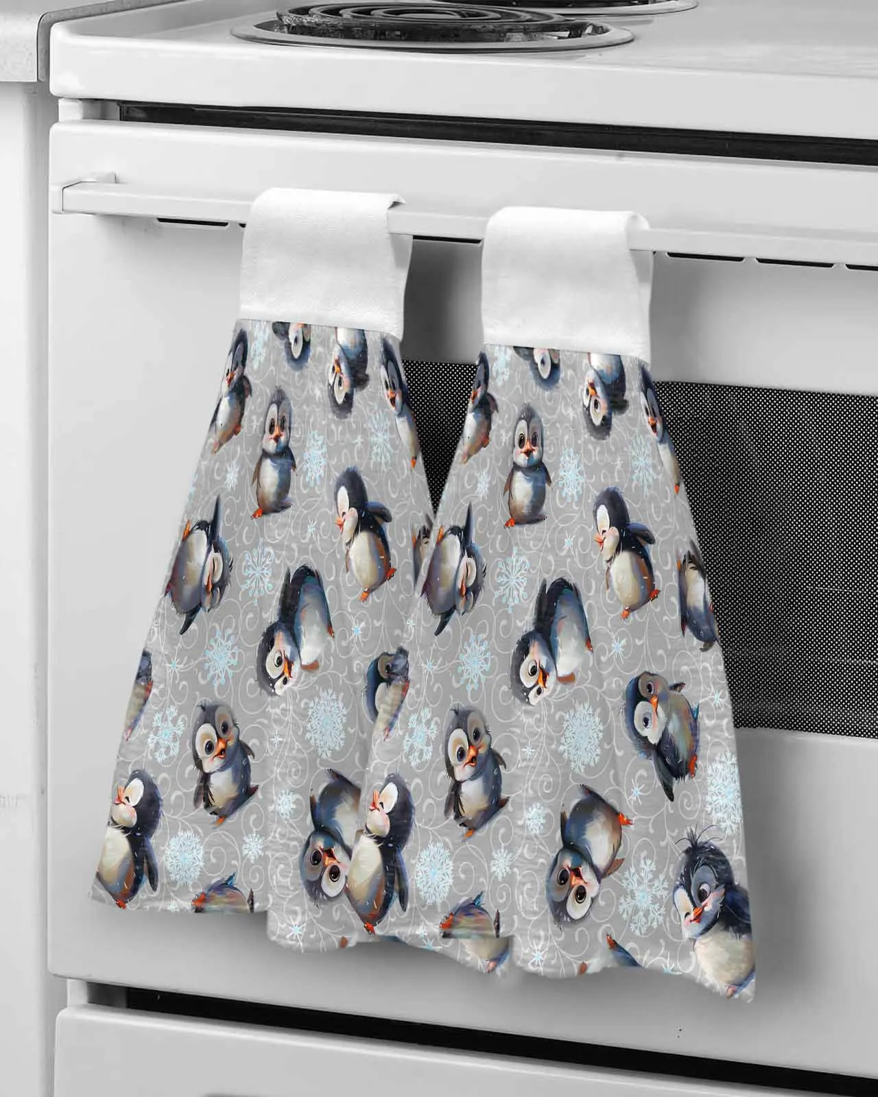 

Christmas Texture Penguin Snowflake Gray Hand Towels Microfiber Bath Hanging Cloth Quick Dry Cleaning Cloth Xmas Kitchen Towel