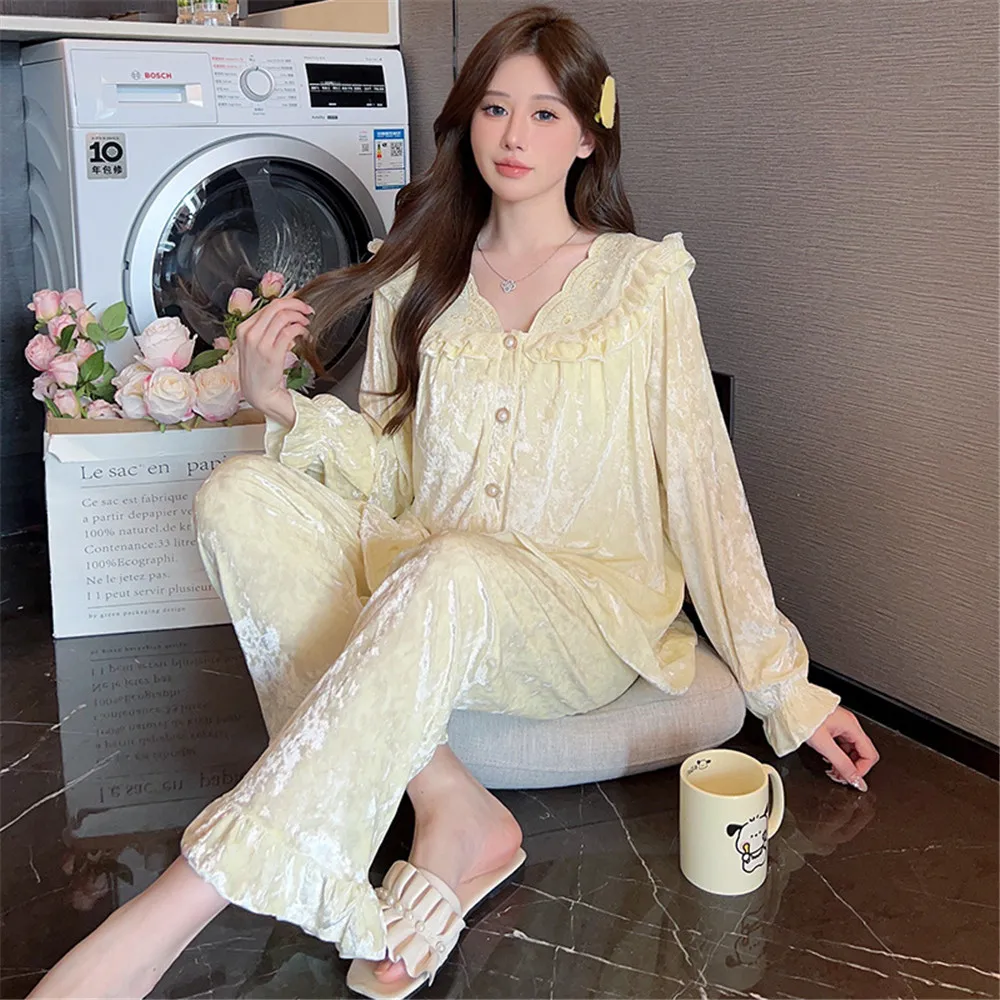 Autumn Velvet Pajamas Set Long Sleeve Shirt Trouser Suits Sexy Lace Trim V-Neck Sleepwear Loose Casual Home Wear Loungewear