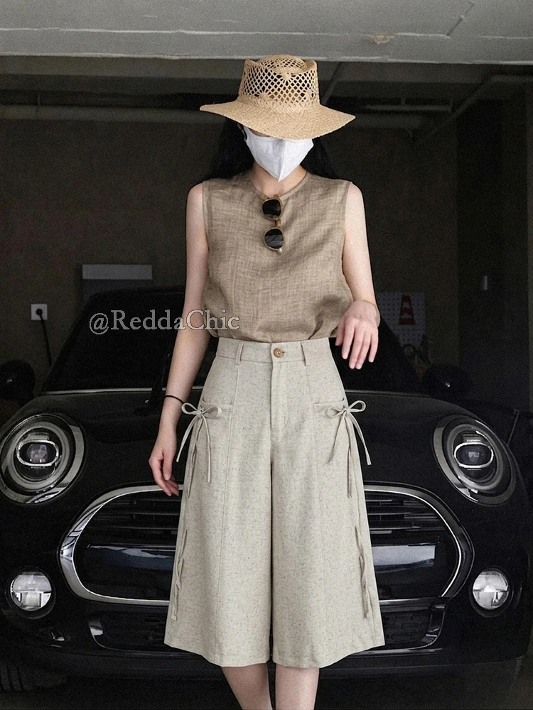 REDDACHiC Summer Wide Leg Linen Shorts Office Work Causal Bandage Pockets Soft Comfy Bermuda Pants Old Money Men Women Clothes