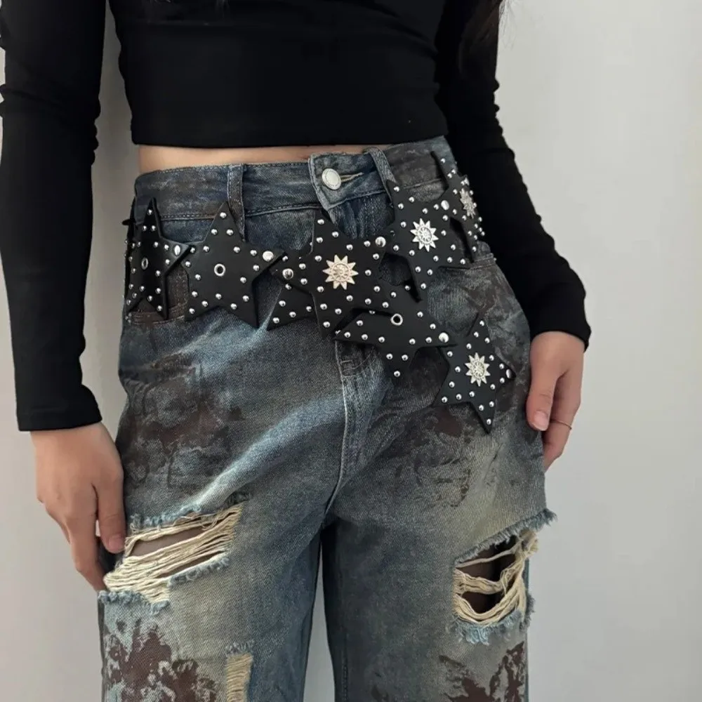 Y2K ريترو ستار حزام مرقع نجمة خماسية واسعة حزام فاسق بو الجلود القوطية حزام للنساء #1