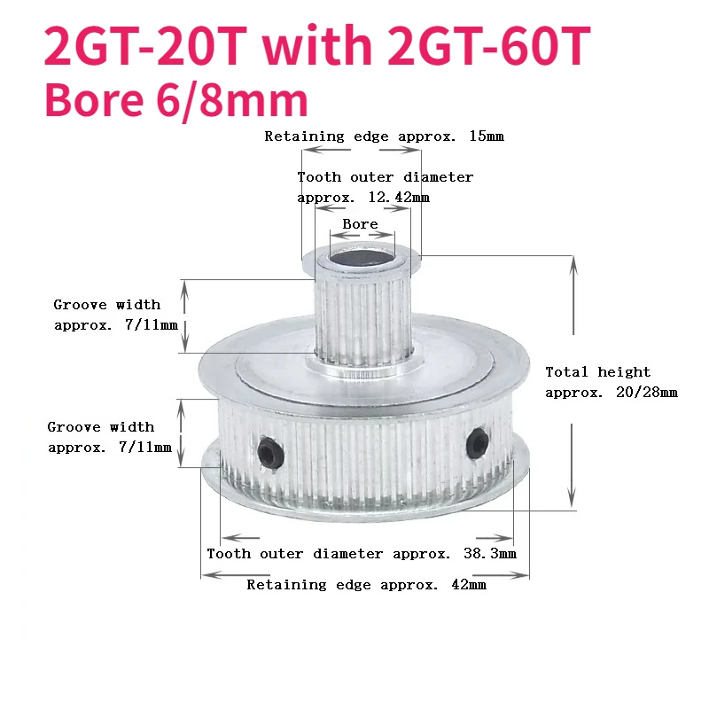 

1pcs 2GT Timing Pulley Bore 6/8mm Double Side Gear GT2 20T-60T 1:3 Synchronous Wheels 3D Printer for Belt width 6/10mm