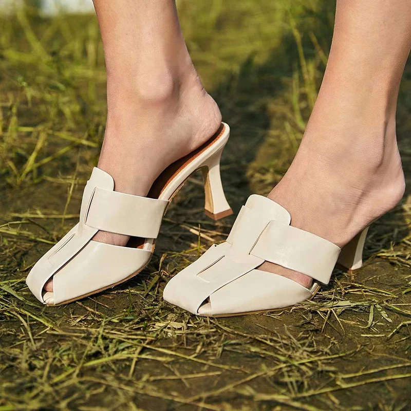 

Hollow Square Toe Lazy Women's Slippers Sandals Thick High Heel Summer Women Shoes Slip On Fashion Mules Shoes Slides Flip Flops