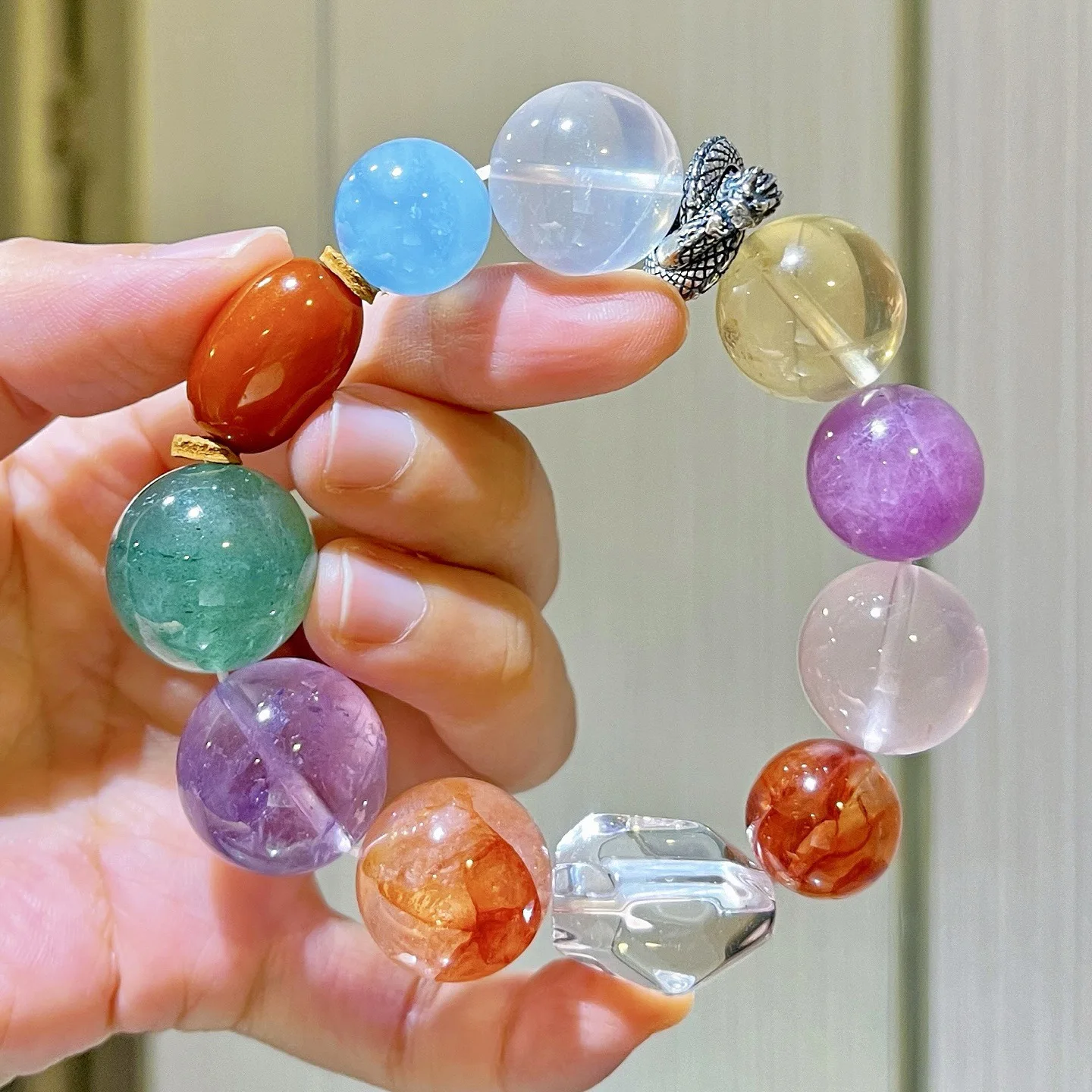 

Браслет с аквамарином и кунцитом, янтарем и аметистом, мульти-камень, ювелирные изделия из стерлингового серебра 925 пробы