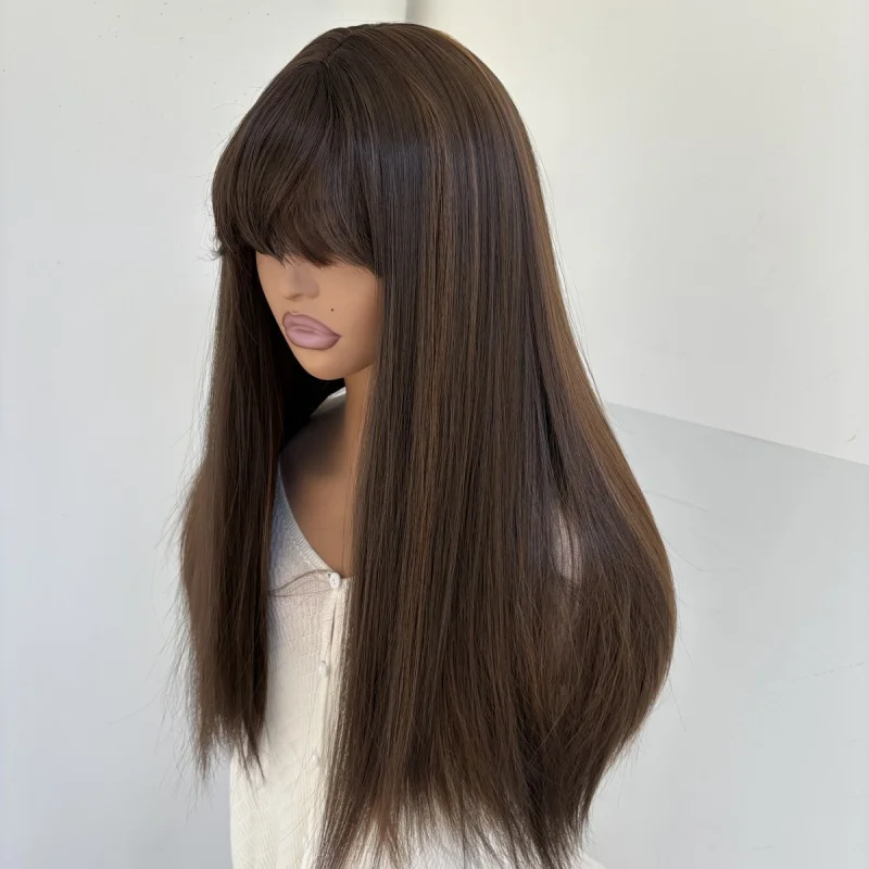 

Costume Wigs With Fringe Synthetic Hair Mixed Brown Natural Long Straight