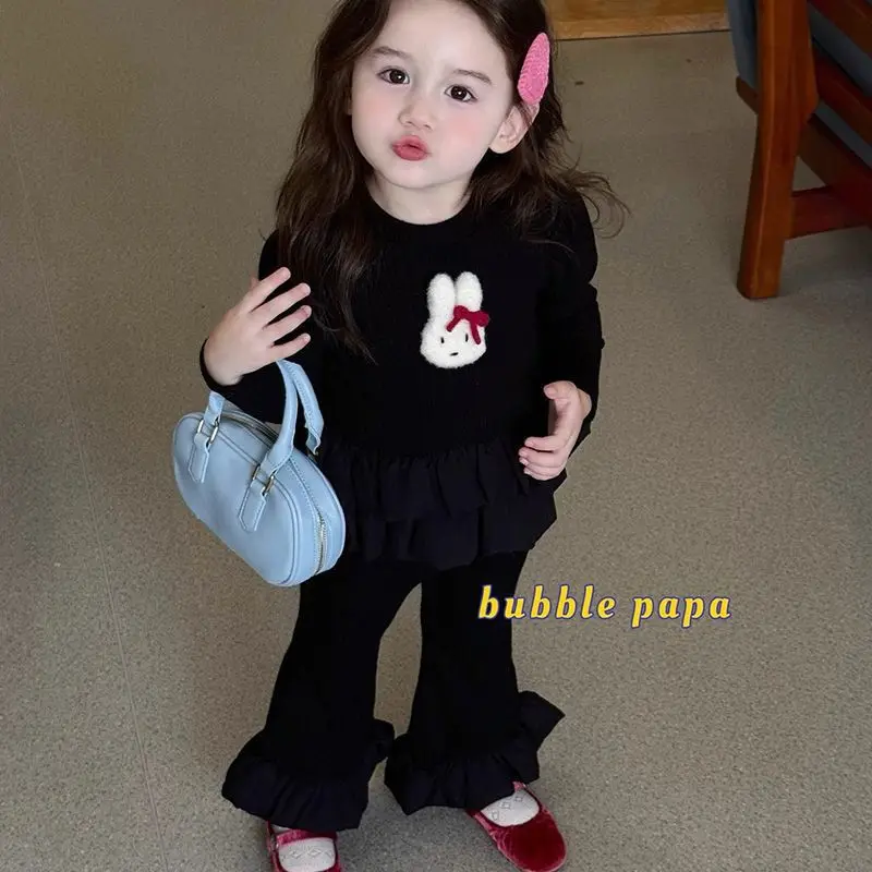 2-teiliges Outfit-Set für Mädchen – T-Shirt aus weicher Baumwolle mit Hasenmuster, Rüschensaum und dehnbarer Schlaghose, bequeme Alltagsspielkleidung
