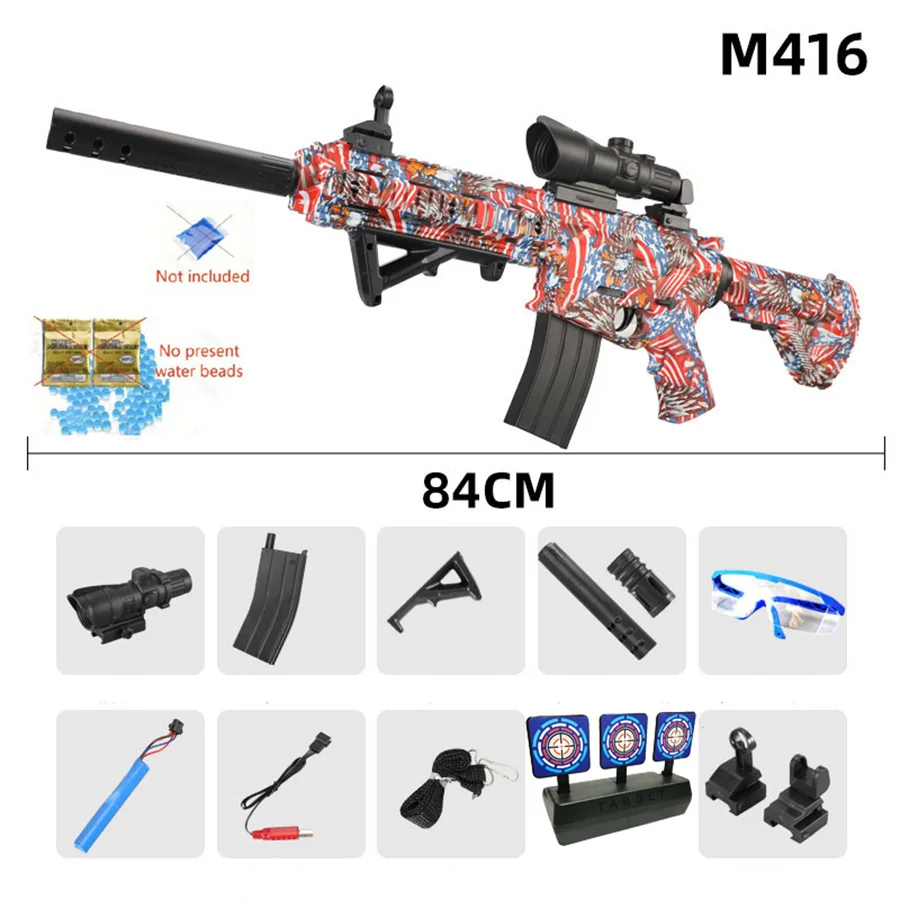 2025 New Model M416 Automatic and Manual Gel Ball Toy Gun 7.4V High-Speed Firing with USB Charging Cable and Target Holiday Gift