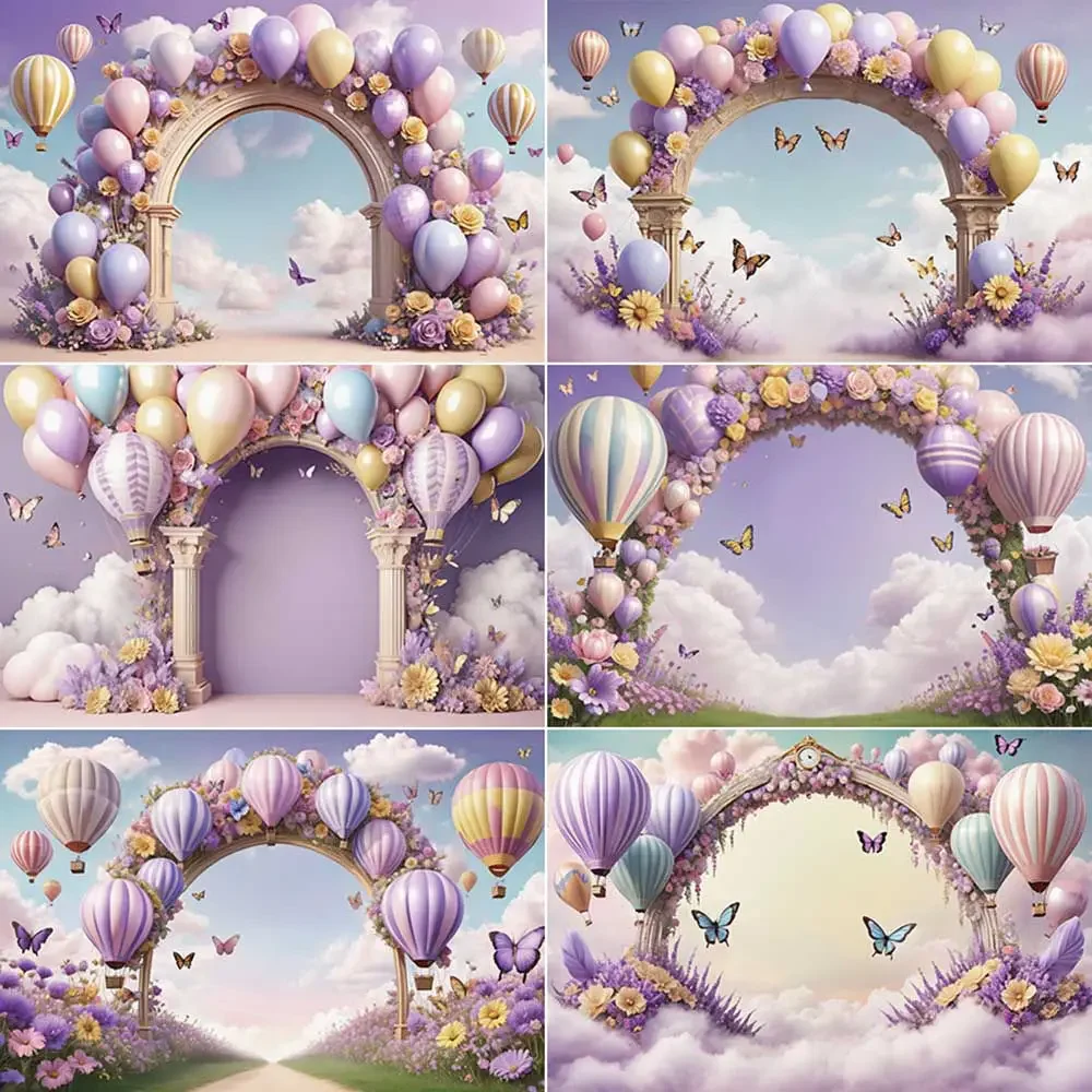 

MOON.QG Flower Arch Backdrop Photography Hot Air Balloon Pathway Clouds Photozone Background Studio Photocall Supplies