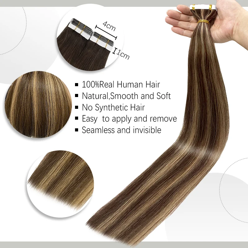 Cinta de 16-30 pulgadas en extensiones de cabello humano, 100% Natural suave, sin nudos, cómoda cinta de trama de piel de PU, pegamento de cinta recta para cabello