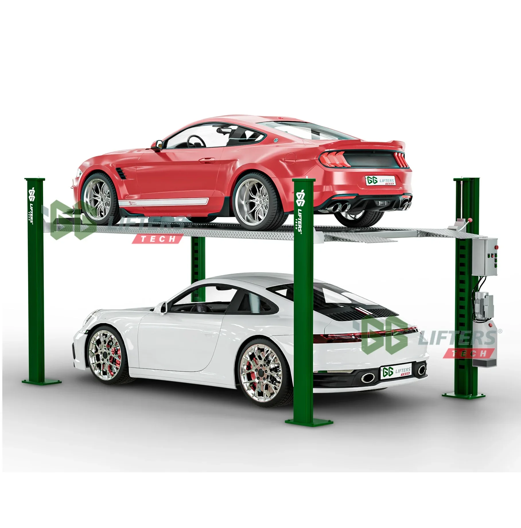 4 Post Hydraulic Car Lift Elevators 4 Columns Matched With Wheel Alignment Car Parking System