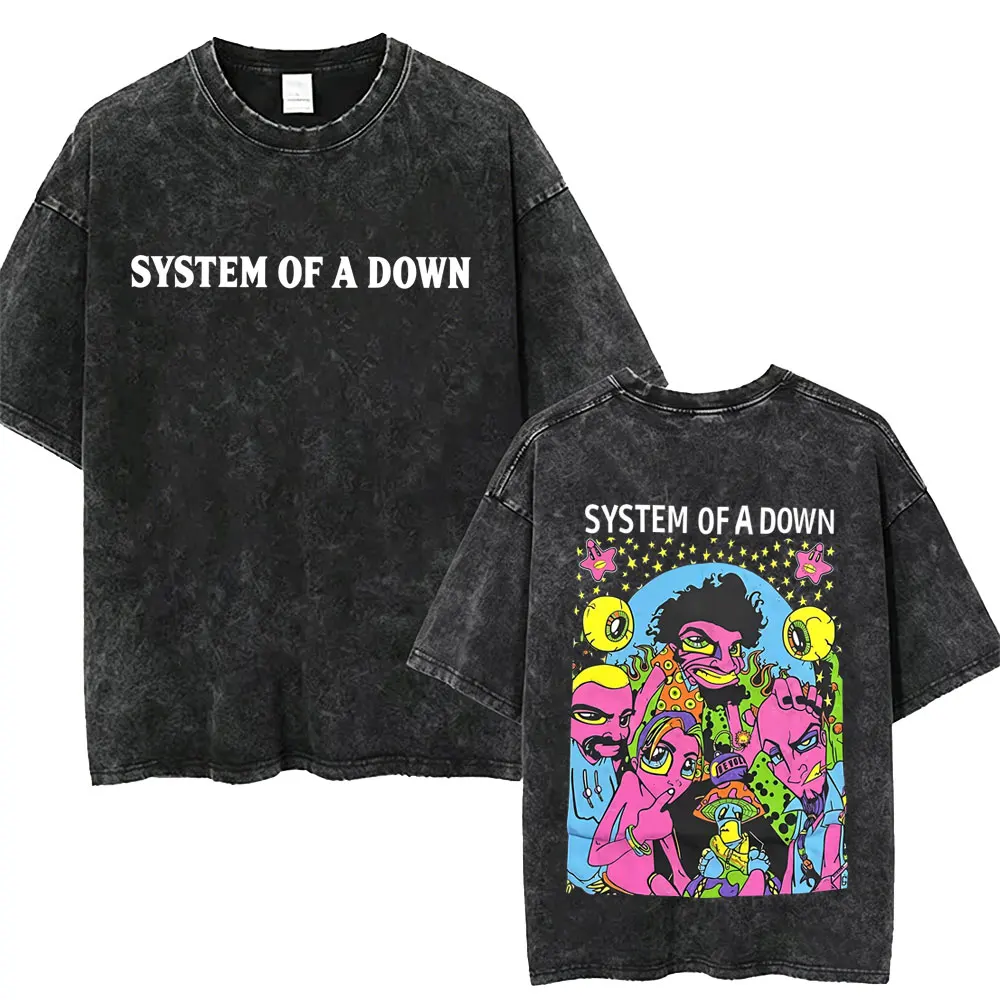 System of A Down Vintage Washed T-shirt Cotton Quality Short Sleeve Tees Male Rock Music Band Cartoon